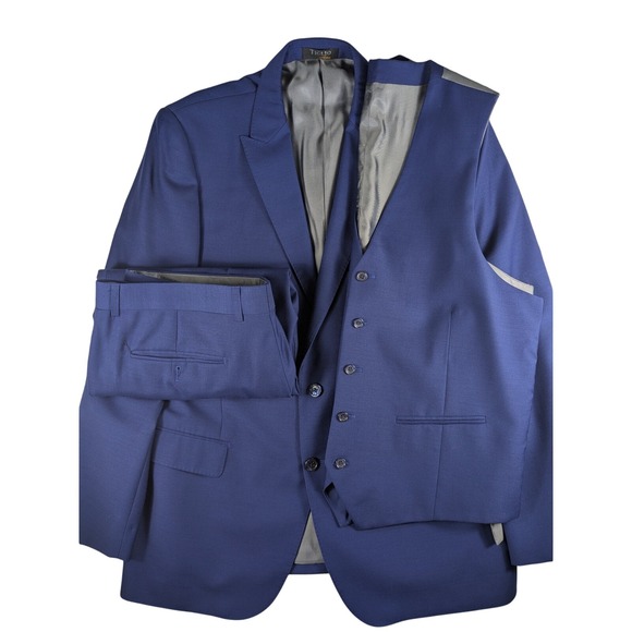 Tiglio Luxe Men's 3 Piece Suit Blue Fine Italian Wool Fabric 44R Pants 37x29.5 - Picture 1 of 16
